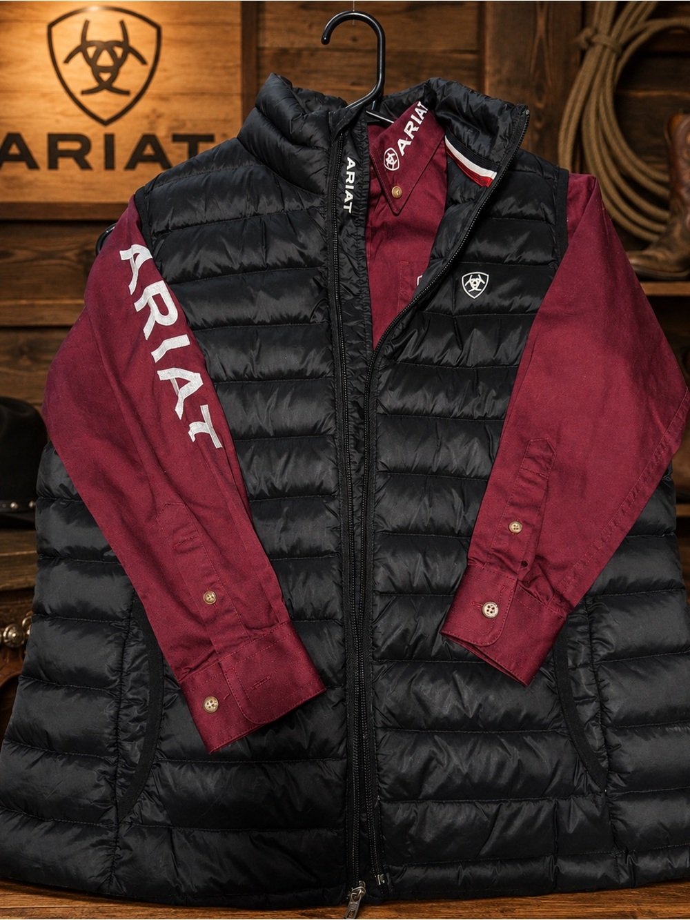 Ariat Black Puffer Vest with Burgundy Long-Sleeve Shirt